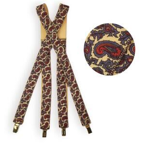 Vintage Clip On Suspenders West Germany X Paisley Gold Red Blue Beige
